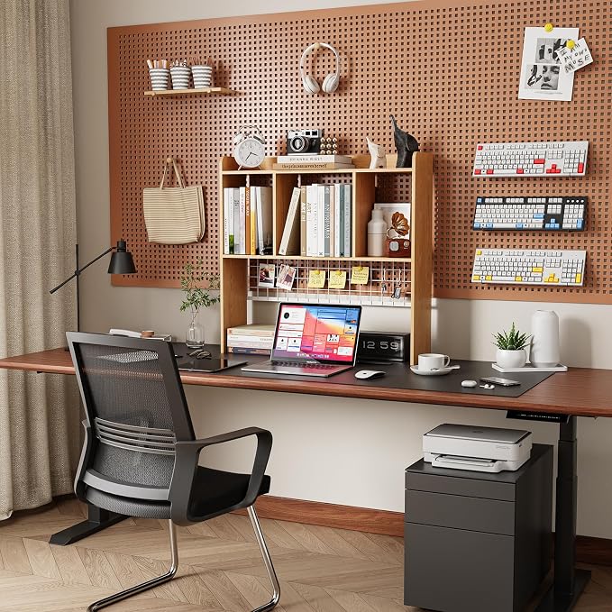 Desktop Bookshelf,Countertop Storage Hutch with 3 Shelves for Computer Desk，2-Tier Display Rack with Grid Panel, Multipurpose Wood Desk Hutch Storage Organizer for Home Office Dorm (Natural)