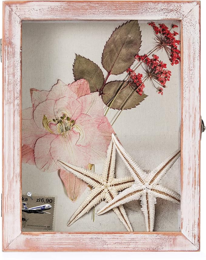 TJ.MOREE Shadow Box 8 x 10 Display Case Wood Picture Frame White Pink | Memory Box with Linen Back for Memorabilia, Bouquet, Military Medals, Pet Memorial Gifts