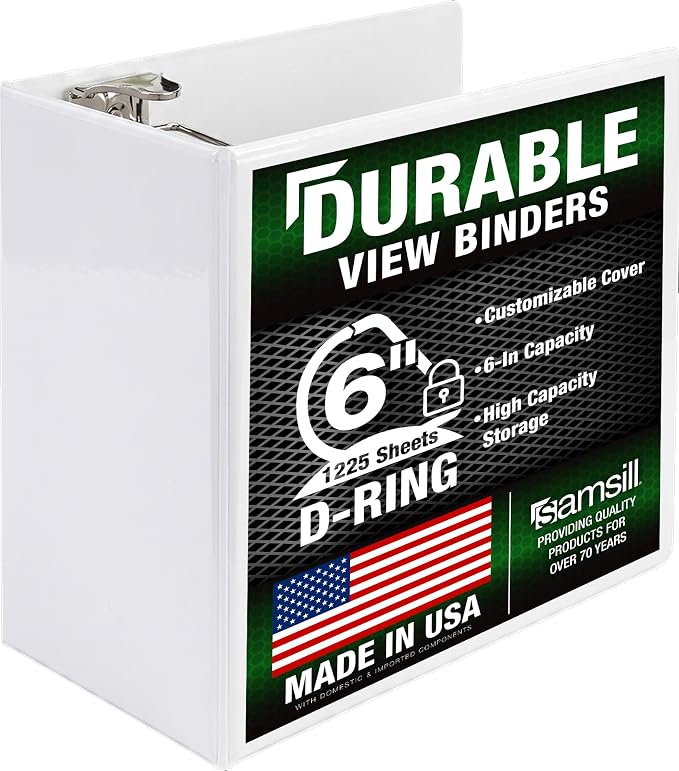 Samsill Durable 6 inch 3 Ring Binder, Locking D Ring Binder, Customizable Clear View Cover, White, Holds 1225 Pages