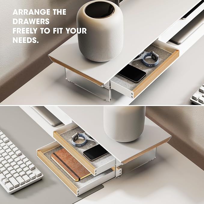 Fenge 42.5-Inch Monitor Stand with 2 Flexible Drawers, White | Metal Shelf, Solid Wood Accents, Clear Acrylic Legs, Modern Desktop Organizer for Dual Monitors, Laptop & Printer