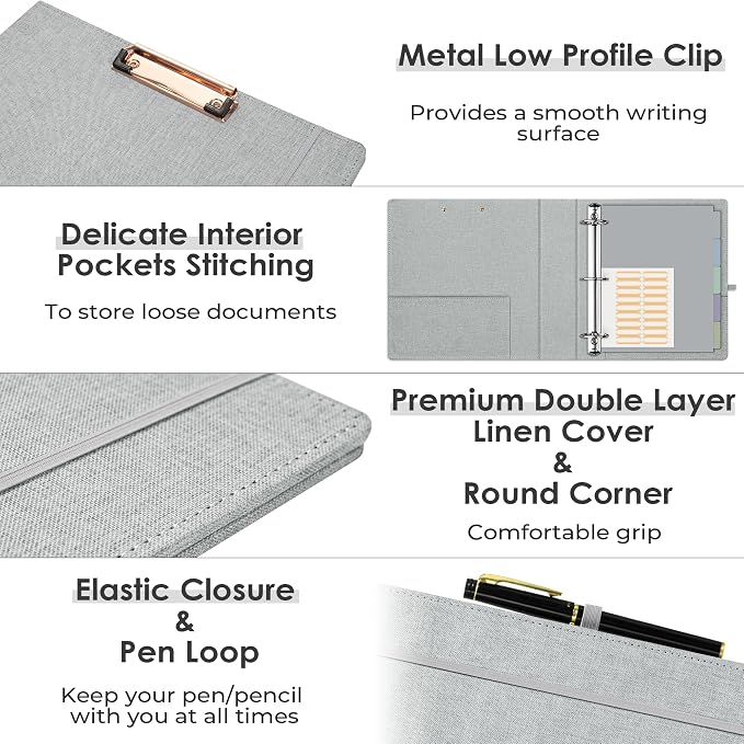 EYROZILL 3 Ring Binder 2 Inch, Binder for Letter Size (11" x 8.5") with 5 Tab Dividers, File Folder Labels and Low Profile Clipboards, Light Grey