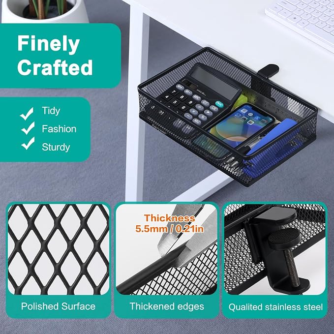 Under Desk Drawer, Clamp on Desk Organizer Under Table Hanging Desk Storage | 2 ways to clamp on: desk side or leg. Under desk organizer, clamp on desk drawer, basket hanging under table shelf, no-drill