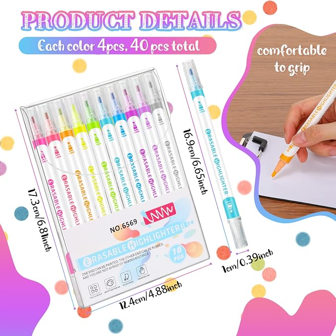 Zhehao 40 Pcs Erasable Highlighters Set, 10 Assorted Pastel Colors