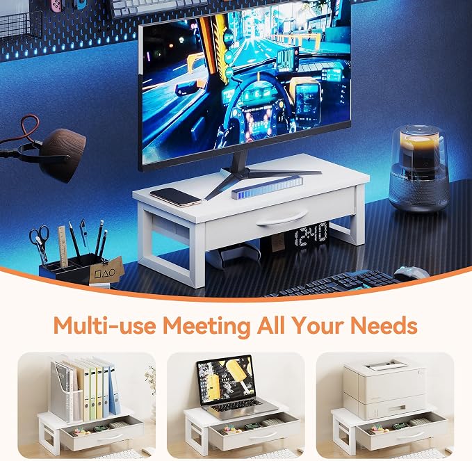 Desk Organizers and Accessories, Computer Monitor Stand Riser with Drawer, White Laptop Stand for Desk with Storage, Office Organization, Wood