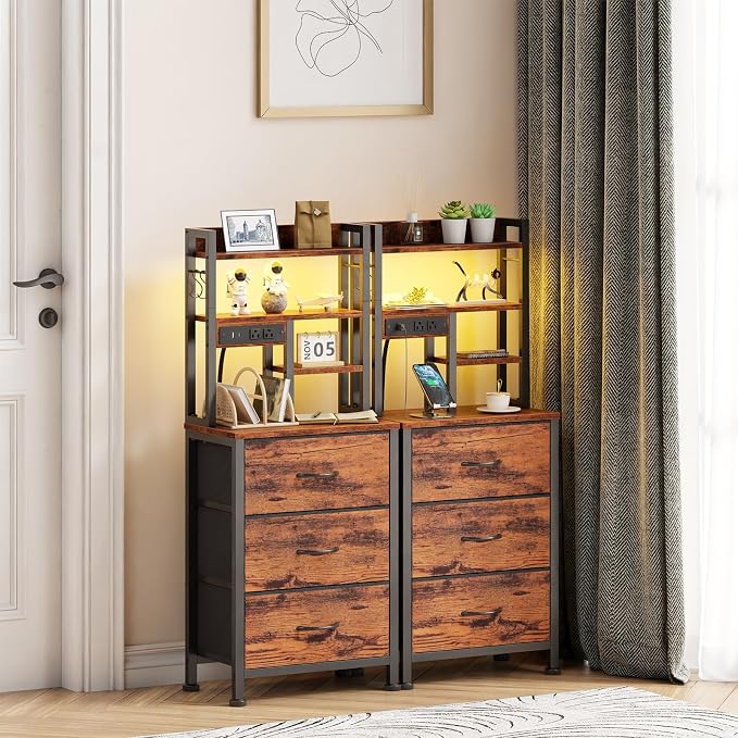 Night Stand Set 2, 45.3" Tall Bedside End Table, Rustic Brown | RGB LED Lights, 4-Tier Storage Shelves & 3 Fabric Drawers, Metal Frame, Wood Desktop, Easy Assembly for Bedroom Dorm Hallway
