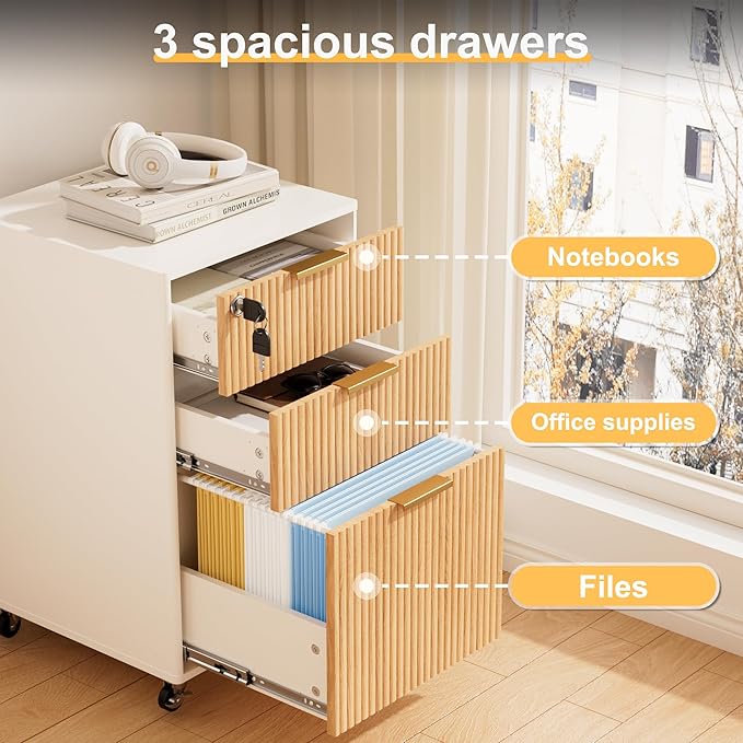 3 Drawers Fluted Mobile File Cabinet with Lock, Rolling File Cabinet Printer Stand Table, Under Desk Wooden Filing Cabinets for Home Office Essentials Storage Organization Furniture Letters/A4(Oak)