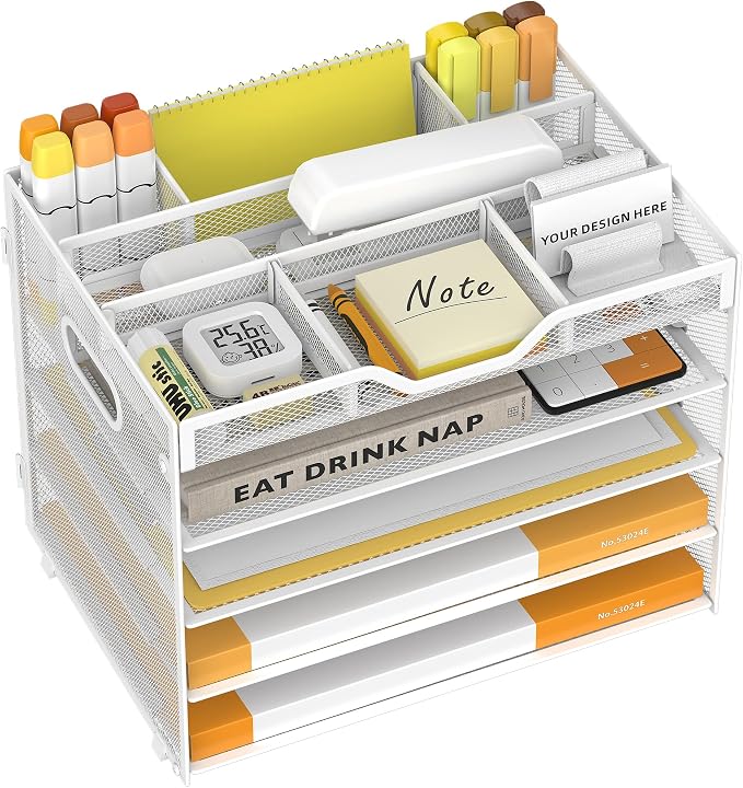 5 Tier Paper Letter Tray Desk Organizer with Pen Holders - White | Features 3 pen holders and 4 removable dividers.Versatile mesh desktop storage for mail, document,office supplie