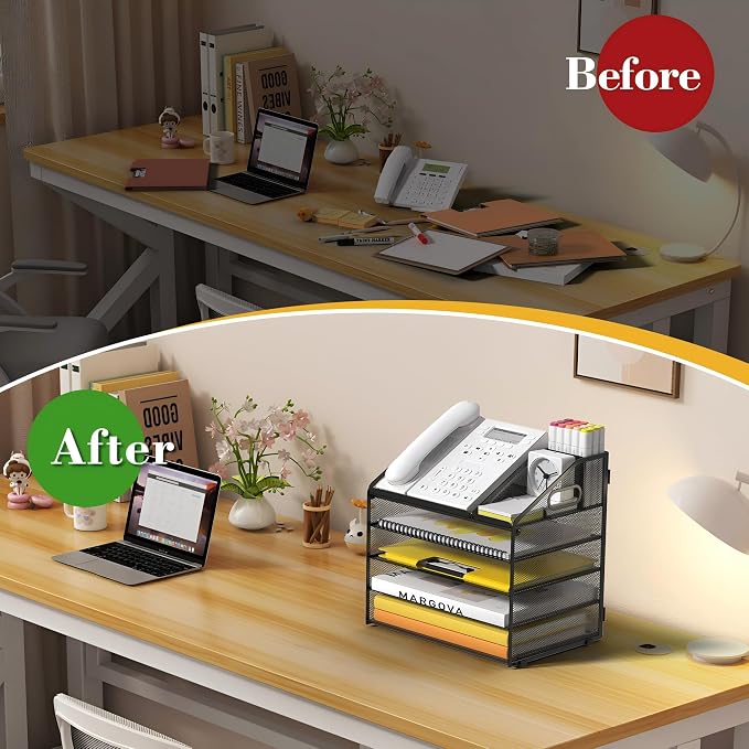 5 Tier Mesh Desk Organizer with Pen Holder and Handle Letter Tray | Metal desktop document shelf and paper sorter. Premium mesh workspace storage for office, home, and classroom