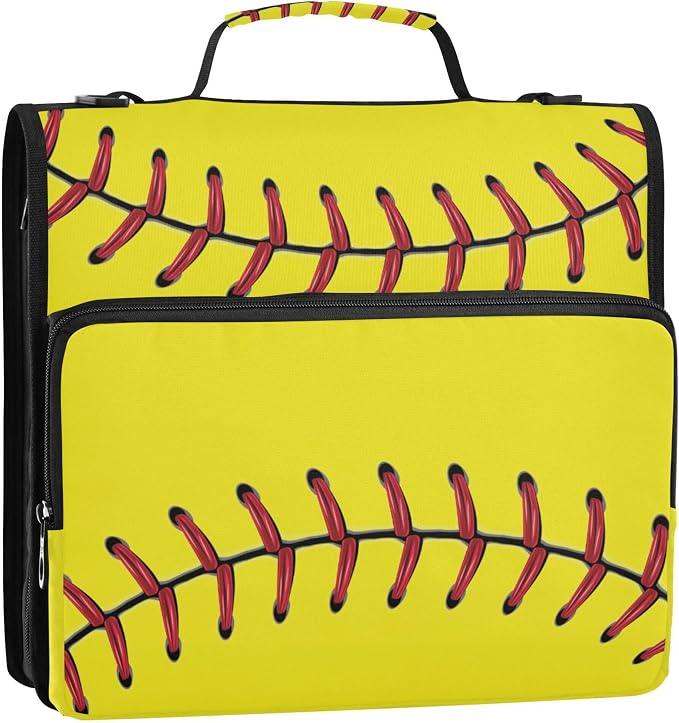 Fisyme Softball Baseball Yellow Zipper Binder 3 Ring with Zipper and Shoulder Strap Large Capacity Multi-Pocket Zipper Binder Organizer