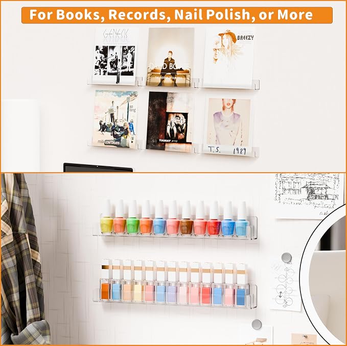 Cq acrylic Invisible Clear Floating Bookshelf - 15" Hanging Wall Mounted Display Shelf for Kids Room, Modern U Shaped Ledge for Books,Picture,Toys, Vinyl Records Wall Display Shelf,Pack of 6