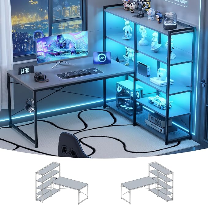 Pamray 49 Inch L Shaped Gaming Computer Desk with Shelves and Storage | Compact Reversible Design with LED Lights & Power Outlets, Suitable for Home Office Bedroom Small Spaces and Dorm Study Work