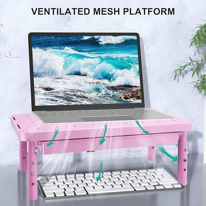 WALI Computer Monitor Stand with Storage, Monitor Riser 3 Height Adjustable | Laptop Riser with Airflow Vents, Desk Organizer for Computer, Printer, Notebook (PTT002-P), 1 Pack, Pink