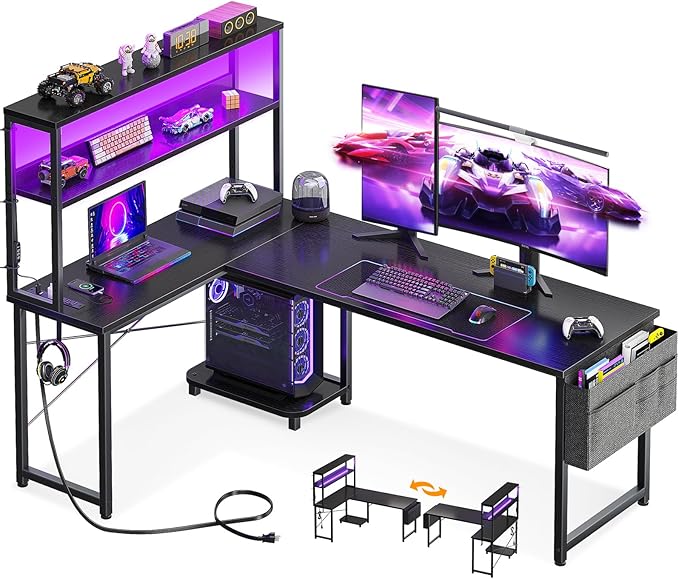 AODK L Shaped Desk Gaming Desk with LED Light & Power Outlet | 61 Inch Black Reversible L Shaped Computer Table with Shelf & Storage Bag & Hook for Home Office