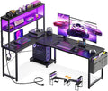 AODK L Shaped Desk Gaming Desk with LED Light & Power Outlet | 61 Inch Black Reversible L Shaped Computer Table with Shelf & Storage Bag & Hook for Home Office