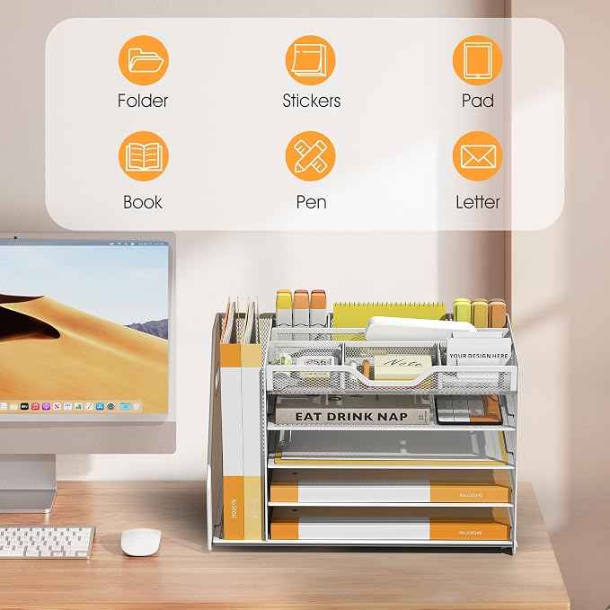 5 Tier Paper Letter Tray Desk Organizer with Pen Holders - White | Features 3 pen holders and 4 removable dividers.Versatile mesh desktop storage for mail, document,office supplie