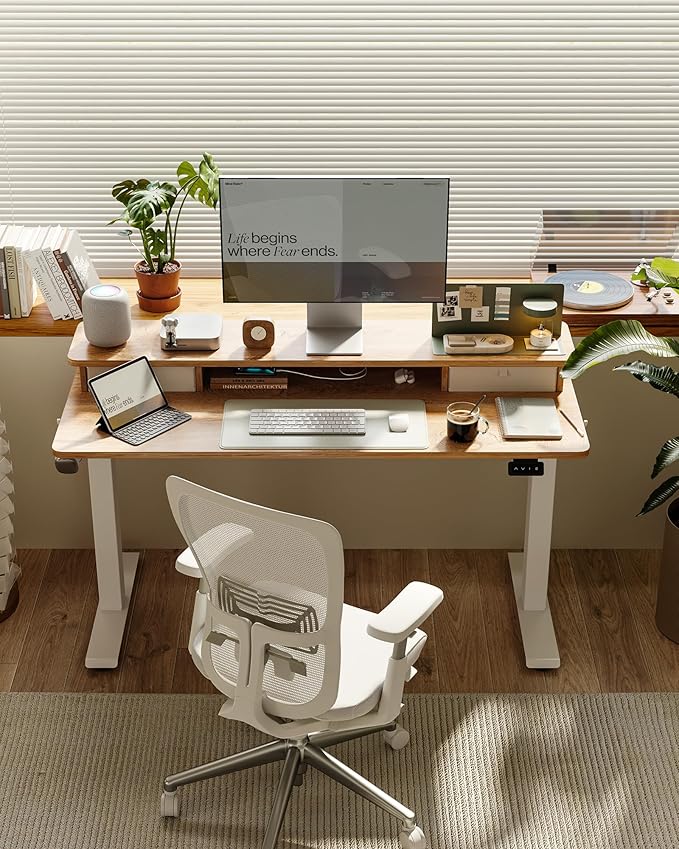 FEZIBO 48 x 24 Inch Height Adjustable Electric Standing Desk with Double Drawer, Stand up Home Office Computer Desk with 4 Height-Adjustable Feets & 2 Hooks,Maple
