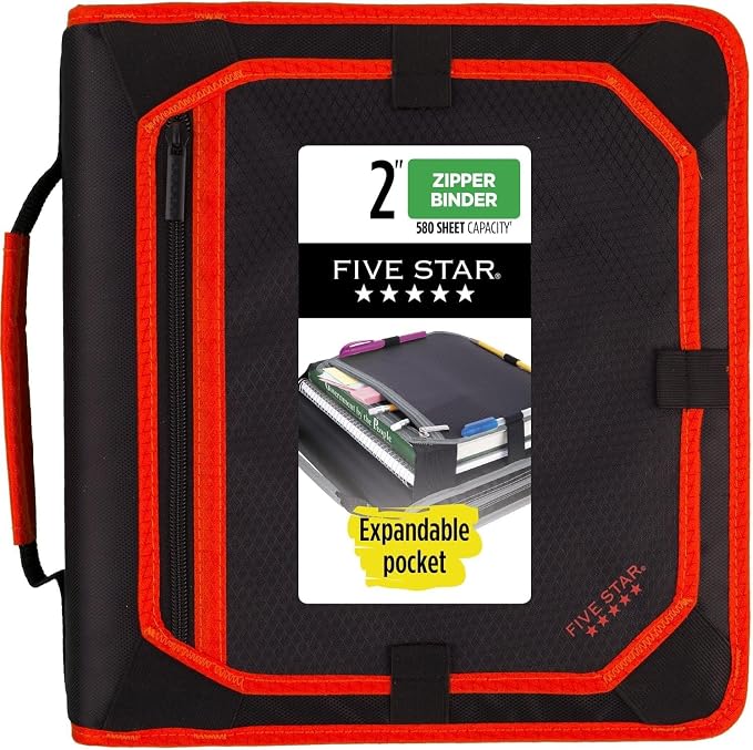 Five Star Zipper Binder, 2 Inch 3-Ring Binder with Round Rings, Expansion Panel and 5-Tab Expanding File, 580 Sheet Capacity, Red/Black (29052CE8) (Pack of 6)