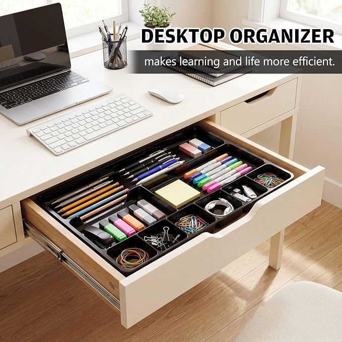 2 Pcs Desk Drawer Organizer Tray 14" x 9" x 1",Black | Shallow Desk Drawer Organizer with 9 Storage Compartments for Home Office Classroom School Organizing Pens Paper Clips
