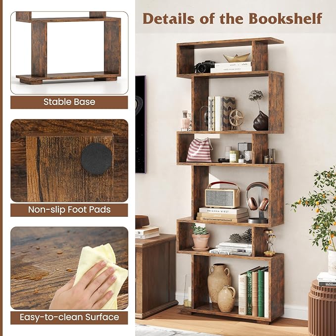 Tangkula 6-Tier S-Shaped Bookshelf, 64" Freestanding Geometric Bookcase, Home Office Wood Storage Shelf with Anti-Toppling Device, Room Divider Display Rack for Study, Living Room (1, Rustic Brown)