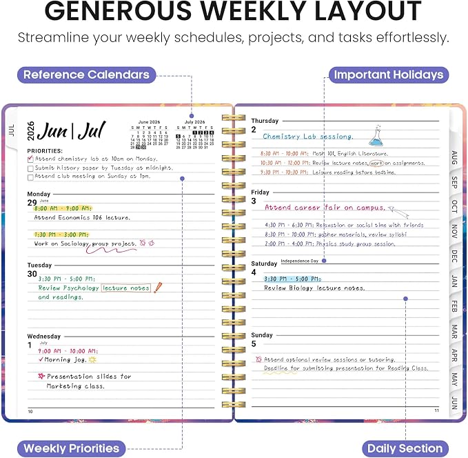 Planner 2026-2027, Monthly & Weekly Jul 2026-Jun 2027 Calendar Book | 6.3" x 8.5", Hardcover Spiral Planner with Tabs, School & Daily Pretty Agenda for Women, Students, Teachers, Sunwave Glow