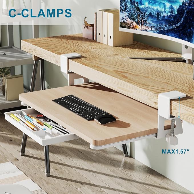 ETHU Keyboard Tray Under Desk, 19.7" X 11.81" Small Size Keyboard Drawer with C Clamp-on Mount Easy to Install, Computer Keyboard Stand Slide Pull Out, Ergonomic Keyboard Tray for Home & Office, Oak