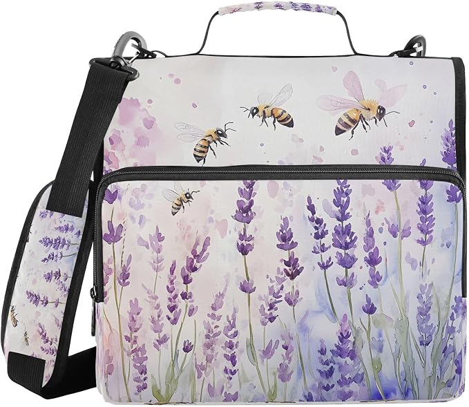 ALAZA Zipper Binder 3 Ring Lavender Bee Binder Organizer with Zipper and Shoulder Strap Large Capacity Multi-Pocket Trapper Keeper File Folder for Office Supplies