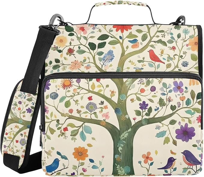 3 Ring Zipper Binder with Shoulder Strap Tree Life Birds Floral 1.5 inch Binders Keeper Large Capacity Multi Pockets for School Office Supplies