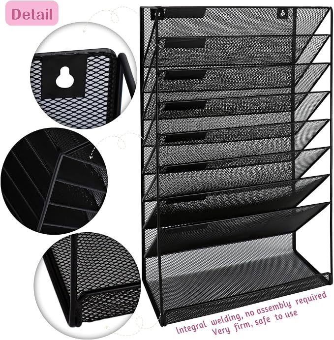 8 Pockets Mesh Wall File Holder Organizer with Bottom Flat Tray, Office Hanging File Folder Magazine Rack, Nametag Label Hooks Set Included, Black