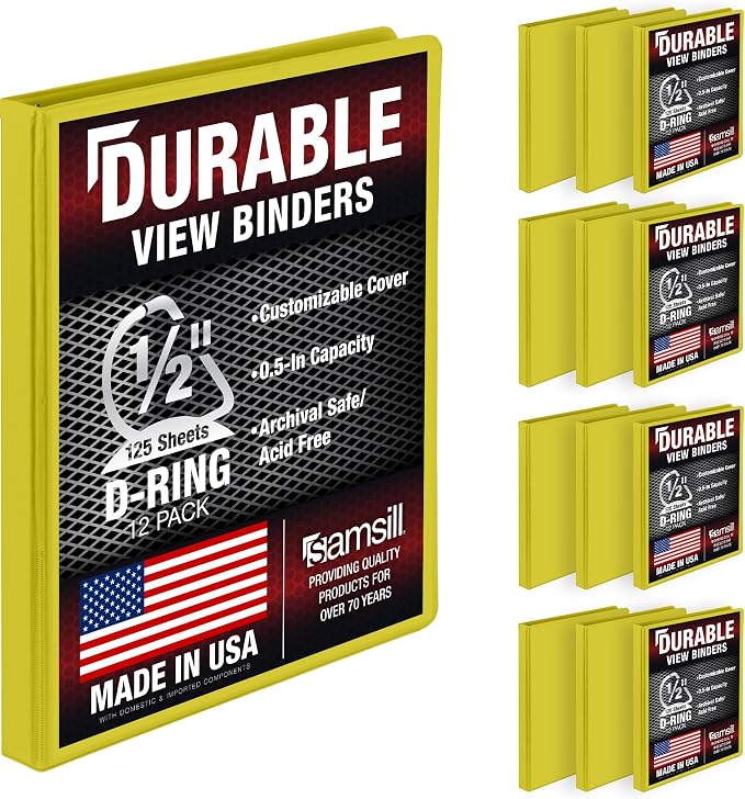 Samsill Durable 0.5 inch 3 Ring Binder, D Ring Binder, 100% Recycled Chipboard, Yellow, 12 Pack