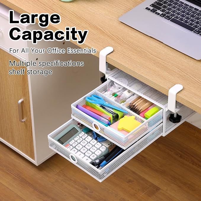 Under Desk Drawer, Clamp on Desk Organizer Slide Out Table Storage No Drill | 2Tier Under desk drawer: clamp on desk organizer, under desk drawer slide out, hanging desk organizer, no drill table storage