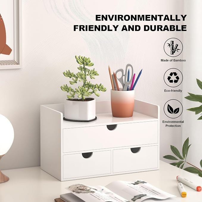 Bamboo Desk Organizer wtih Drawers Mini Desktop Drawer Tabletop Storage | 100% Bamboo Countertop Organizer Drawers,Makeup Storage,Kitchen Spice Organizers,3 Drawer Tabletop Storage,for Home Office