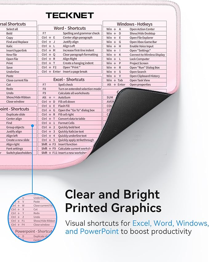 TECKNET Shortcut Mouse Pad for Excel Word PowerPoint Windows, Non-Slip Waterproof Office Desk Mat-11.6x9.8 Inch, 68 Keyboard Shortcuts, Portable Computer Mouse pad, Durable, Clear Printing, Pink