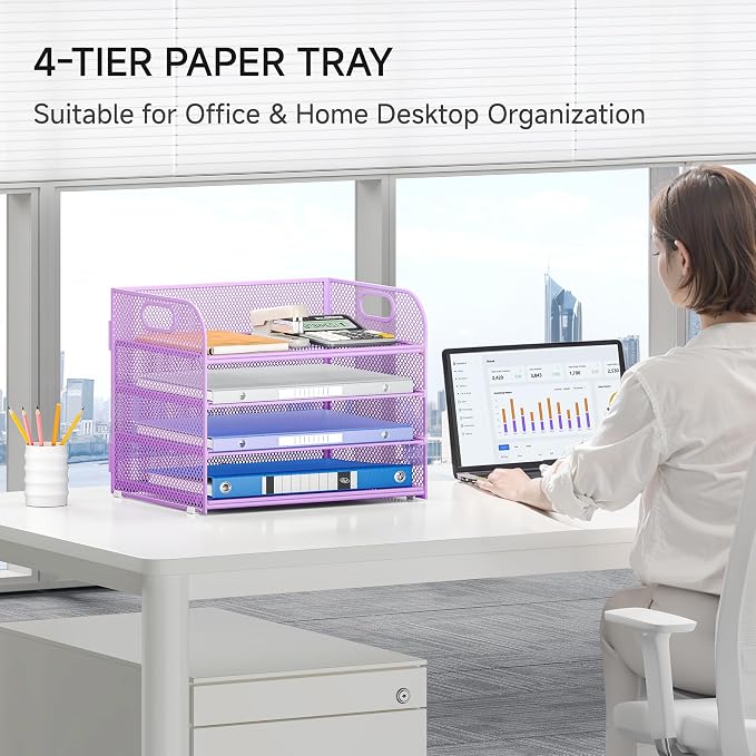 Lavatino 4-Tier Paper Organizer Trays - Purple Mesh File Folder Sorter with Handles, Desk Letter Holder Organizer for Office, Home, School Supplies Storage & Organization