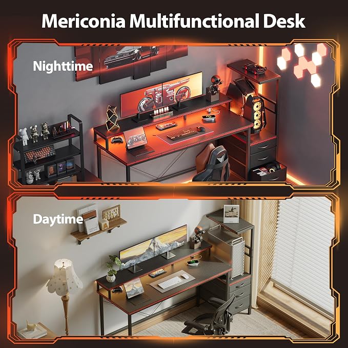 52 inch Gaming Desk with Drawers, Reversible Computer Desk, Black | Gamer Desk with LED Lights, Power Outlets & Monitor Stand, Large Office Table for Home Bedroom Study Work Writing