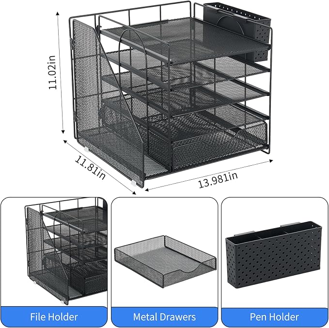 5-Tier Desk Organizer with Drawer and Pen Holder, Black | Paper Letter Tray Organizer with File Holder, Suitable for Workspace Organizer Office Supplies Storage