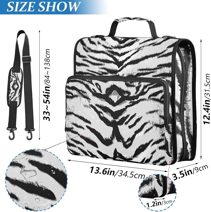 Fisyme White Tigers Print Zipper Binder 3 Ring with Zipper and Shoulder Strap Large Capacity Multi-Pocket Binder Organizer