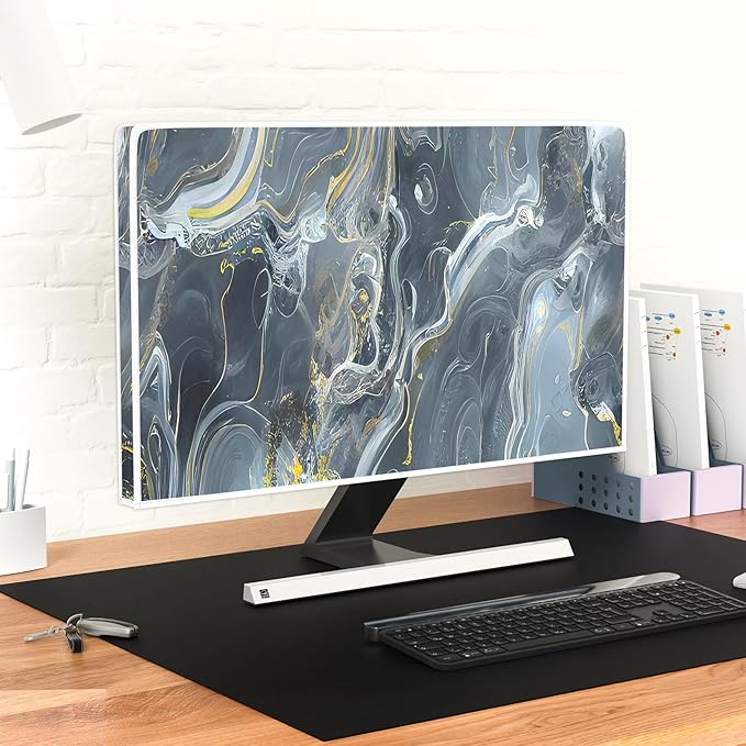 Baocicco Gray Gold Marble Waterproof 26, 27, 28 Inch Anti-Static Dustproof LCD/LED/HD Aesthetic Texture Computer Screen Cover Decor Full Body Cover for Computer Screen Desktop PC Tower Protector