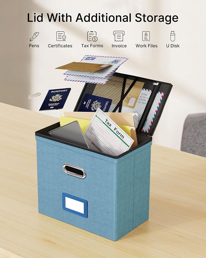 Oterri File Box Small 2-Pack Mesh Pockets Hanging Organizer for Letter-Size | Dustproof Lid. 3 Mesh Pockets. Collapsible Scratch-Resistant GRS Linen. Slide Rails. Office, Home, Dorm