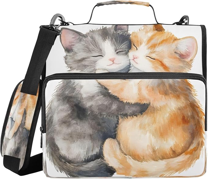 3 Ring Zipper Binder Cute Cats in Love Binder Organizer Portfolio with File and Shoulder Strap & Handle Large Capacity File Folder