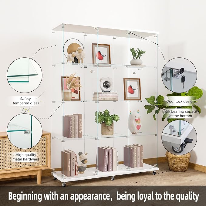 FLYMUHJIA Curio Cabinets with Glass Doors Modern Glass Shelves Tempered Glass Display Cabinet with Lock Figure Display Case (4-Shelf 3-Door, White)