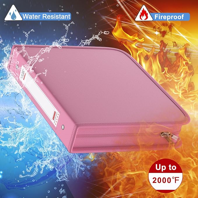 Fireproof 3 Ring Binder with Zipper, 1.5" D Rings Holds 375 Sheets | Fits Letter Size,Compatible with Clear Page Protectors,Built-in Net Pouch Pen Holder,Portable Safe Storage,1 Pack,Pink