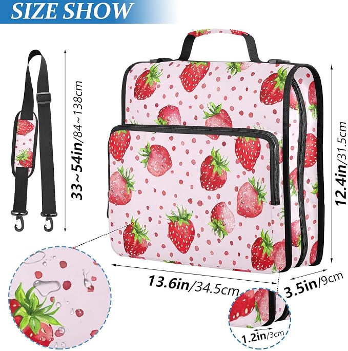 Strawberry Polka Dot Red Zipper Binder with Shoulder Strap Bag 3 Ring Binder Organizer Large Capacity Multiple Compartments for School Office