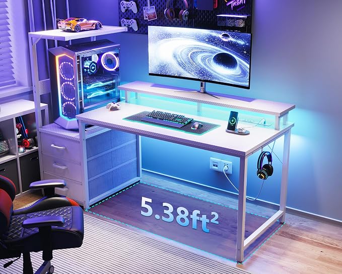 AODK 52 Inch Gaming Desk with USB Charging Ports & LED Light- Reversible Computer Desk with Storage Shelves & Monitor Stand, Modern Gamer Desk Table with Fabric Drawers, White