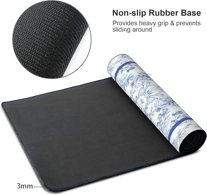 Floral Aesthetic Dahlia Gaming Mouse Pad, White Blue Rug Desk Mat with Anti-Slip Base & Stitched Edges,35.4" x 15.7" in Desk Accessories for Women, Home Office Decor & Artistic Gift