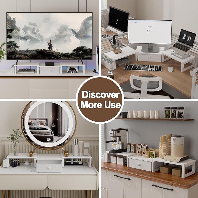LAND·VOI Heavy Duty Dual Monitor Stand, Holds 2 Screens Up to 27 Inches, Adjustable Length and Angle Monitor Riser, Desk Organizer with Side Pockets and Drawers, Home Office Desk Storage, White