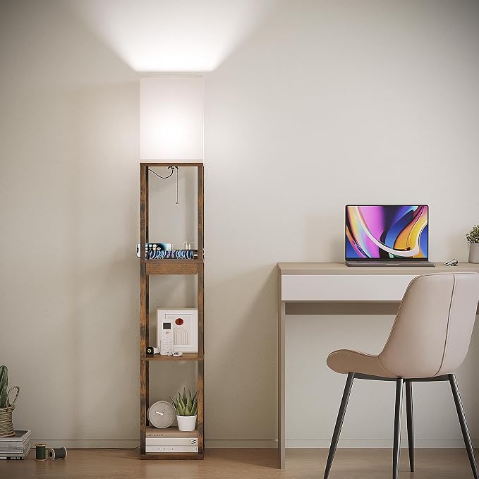 SUNMORY Floor Lamp with Shelves, Modern Dimmable Standing Lamp with Drawer & 2 USB Ports & 2 Power Outlet, Corner Tall Shelf Lamp for Living Room and Bedroom (Rustic Browm) | 1 Drawer & 2 USB Ports & 2 Power Outlet, 3 CTT Bulb, Modern Dimmable Standing...