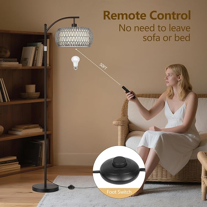 Rattan Floor Lamps for Living Room, Boho Standing Lamps with Grey Rattan& Linen Double Shades, Arc Lamps Floor Standing with 9W Bulb, Foot Switch, Bohemian Floor Lamps for Bedroom, Office-black