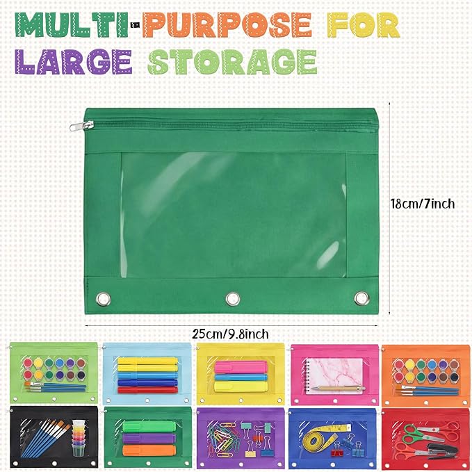 Marspark 30 Packs Pencil Pouch 3 Ring Binder Pen Pouch Cloth Pencil Pouches Zipper Pen Case Bag with Clear Window for Office Writing Supplies Gifts (10 Color)