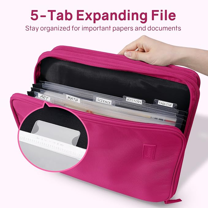 SUNEE Zippered Binder Bag with Handle, 2-Inch 3-Ring O-Ring, 500-Sheet Capacity, Includes Zip Pocket, 5-Tab Expanding File Folder, Multi-Pocket Organizer Binder for Middle School, Berry Pink