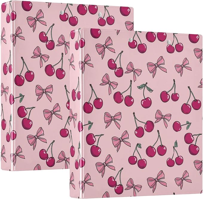 Bow Cherry Round Ring Binders 1.5 Inch Pink Bowknot Cute 3 Ring Clipboard Binder for Office School Work Supplies File Folder 200 Sheet Capacity Easy Open 2 Pieces